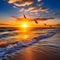 Golden Horizons: Majestic Sunrise or Sunset over the Ocean with Pelicans in Flight