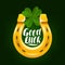 Golden horseshoe with four leaf clover. Calligraphy lettering Inscription Good Luck. Vector Illustration