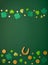 Golden Horseshoe, Gold Coins and Clover Leaves Shamrocks on Green Background for St Patricks Day Concept