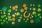 Golden Horseshoe, Gold Coins and Clover Leaves Shamrocks on Green Background for St Patricks Day Concept