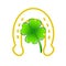Golden horseshoe silhouette and four leaf clover like lucky symbol, stock vector illustration