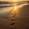 Golden hour beach, sharp focus on footprints in wet sand, warm colors by Generative AI