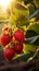 Golden hour beauty Ripe strawberries growing on a branch