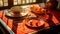 Golden Hour Chinese Table Setting with Red and Gold Plateware and Tangerines