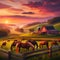 Golden Hour on the Farm: AI Crafted Vision of Horses, Fences, and Sunset