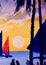 Golden Hour Fascinating Coconut Tree with a Wind Boat Acrylic Painting on the Spot Painting of Beach Sunset