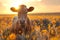 Golden Hour Grace: Serene Bovine Amidst Sunset Blooms. Concept Golden Hour, Serene Bovine, Sunset