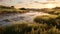 Golden Hour: Hyper Realistic River And Grassy Field