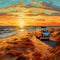 Golden Hour At Jones Beach: Van Gogh-inspired Pixel Art Of An Orange Vw Bus On The Beach