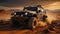 At Golden Hour A Luxury Black Color Jeep Run In Desert Mountains Blurry Background