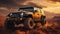 At Golden Hour A Luxury Black Color Jeep Run In Desert Mountains Blurry Background