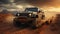 At Golden Hour A Luxury Black Color Jeep Run In Desert Mountains Blurry Background