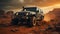 At Golden Hour A Luxury Black Color Jeep Run In Desert Mountains Blurry Background