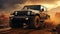 At Golden Hour A Luxury Black Color Jeep Run In Desert Mountains Blurry Background