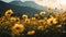 Golden Hour: A Stunning Landscape Of Yellow Flowers And Majestic Mountains