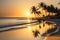 Golden Hour Sunset Backlighting a Tranquil Beach, Shadows of Palm Trees Elongating Across the Sand