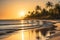 Golden Hour Sunset Backlighting a Tranquil Beach, Shadows of Palm Trees Elongating Across the Sand