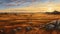 Golden Hour Tundra: A Hyper-realistic Painting Of A Grassy Field With Cattle And Rocks