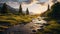 Golden Hour Wilderness Landscape: Mountain, Nature, Waterfall, And More