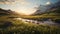 Golden Hour Wilderness Landscape: Mountain Stream, Flowers, And Sunset