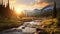 Golden Hour Wilderness Landscape: River At Sunrise In A Mountain Stream