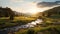 Golden Hour Wilderness Landscape: Serene Pastoral Scene With Stream