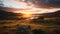 Golden Hour Wilderness Landscape: Sun Setting Over Hills In New Zealand