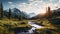 Golden Hour Wilderness Landscape: Sunlit Mountains And Serene Stream