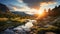 Golden Hour Wilderness Landscape: Sunlit Valley With Majestic Mountains