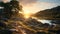 Golden Hour Wilderness Landscape: Sunset Over River With Delicately Rendered Scottish Style