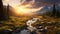 Golden Hour Wilderness Landscape: Terragen-inspired Photo With Whimsical Whistlerian Style