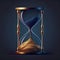 Golden hourglass on dark blue background. Hour glass is also known as sandglass, sand timer or sand clock. AI generative art,