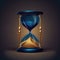 Golden hourglass on dark brown background. Hour glass is also known as sandglass, sand timer or sand clock. AI generative art,