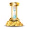 Golden hourglass on pile of coins