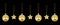 Golden Ð¡hristmas tree decorations set black background isolated closeup, glass balls & gold metal stars hang on thread collection