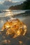 Golden Hued Crystal Crab at Sunset on Tropical Beach An Iridescent Realistic Sculpture Art Piece Illuminated by Sunlight