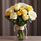 Golden Hues: Stunning Bouquet Of Yellow And White Roses In Glass Vase