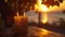 The golden hues of the sunrise reflected in the candle flames creating a serene and magical atmosphere. 2d flat cartoon