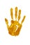 Golden human hand print white background isolated close up, shiny gold metal handprint illustration, yellow palm & fingers mark