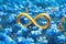 Golden infinity symbol sign with blue wild flowers on spring meadow