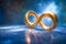 Golden infinity symbol sign on glowing blue space background with copy space