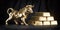 Golden ingot and bull on black background. Bull stock exchange market trend in gold