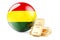 Golden ingots with Bolivian flag. Foreign-exchange reserves of Bolivia concept. 3D rendering