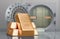 Golden ingots with opened bank vault, 3D rendering