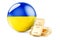 Golden ingots with Ukrainian flag. Foreign-exchange reserves of Ukraine concept. 3D rendering