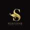 Golden Initial Letter S Luxury logo icon, classy vintage design concept floral leaves for luxuries business, hotel, wedding