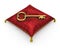 Golden key on royal red velvet pillow isolated on white background 8