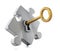 Golden key unlocking metallic puzzle piece. 3D illustration