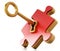 Golden key unlocking red puzzle piece. 3D illustration