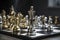 Golden king chess stand alone with fallen silver chess pieces. Winner of business competition and marketing